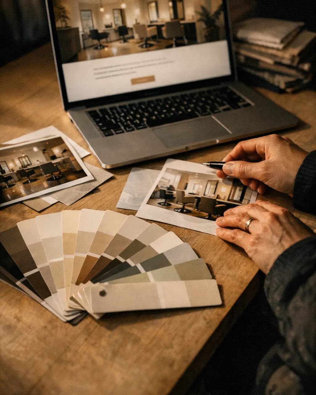 A salon's website open on a laptop, beside printed photos of the salon and a fan of paint color chips